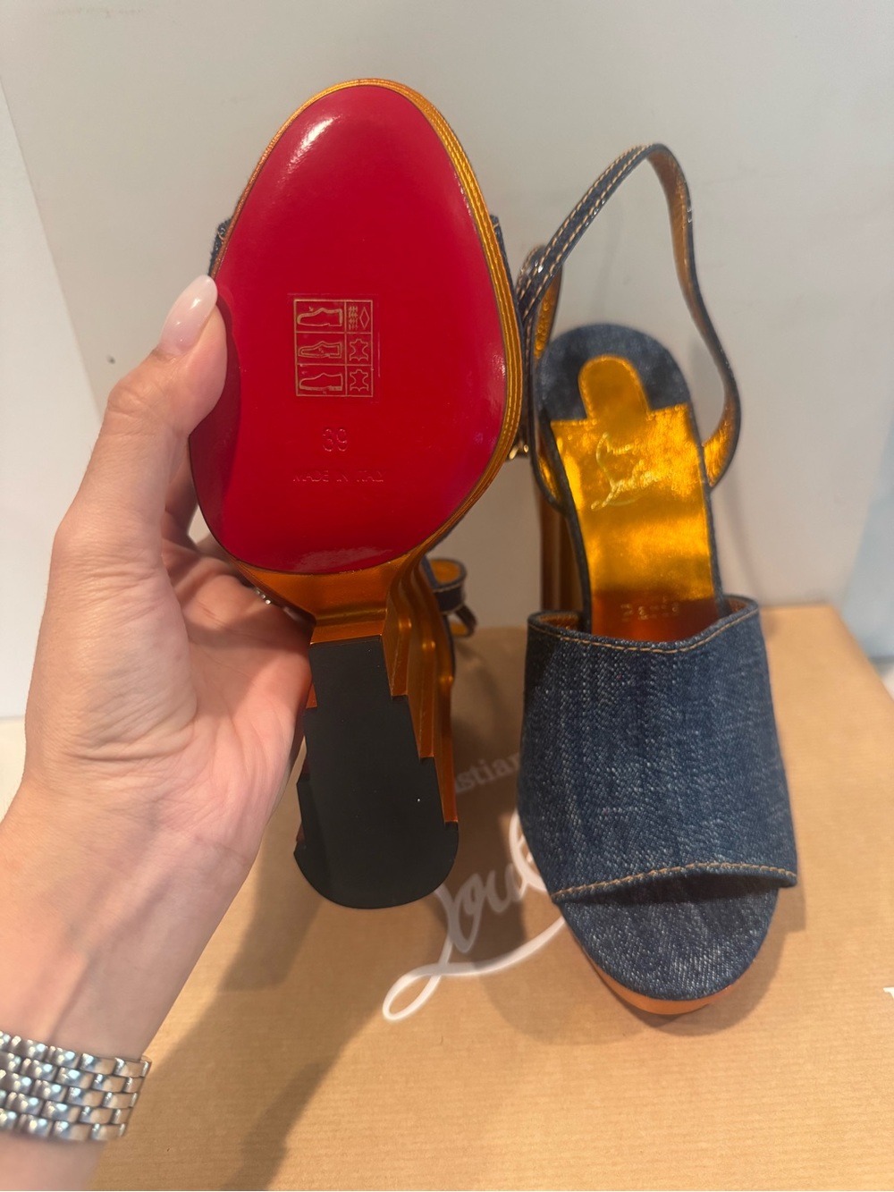 Christian Louboutin Denim Platform Slingback Sandals with Orange Accents - Picture 3 of 3